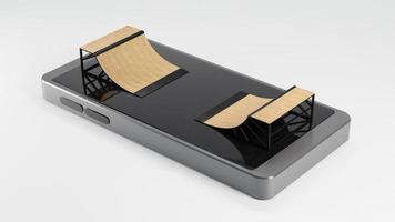Skateboard Ramp on top of smartphone concept. 3d illustration. photo