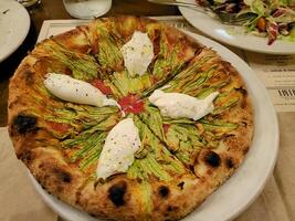 pizza tasty hot pepperoni white cooking ingredients tomatoes with prosciutto and spices on wood white plate. photo