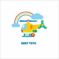 juguetes para niños. vector de señal, el logotipo de la tienda de juguetes. el helicóptero de juguete vuela sobre nubes y arco iris.