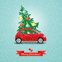 Vector illustration. The yellow car carries a Christmas tree.