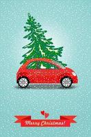 Vector illustration. The yellow car carries a Christmas tree.