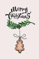 Merry Christmas hand drawn card. Isolated on a white background. Christmas cookies in the shape of Christmas trees on a spruce branch. vector