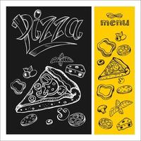 Pizza. Menu. Pizza drawing with chalk on black Board. Hand drawn. Vector illustration.