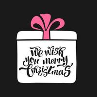 We wish a merry Christmas. Merry Christmas Lettering Design. The inscription on the box with the gift. Vector illustration. The inscription on the box with the gift.