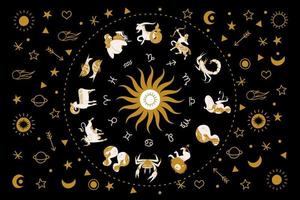 Horoscope and astrology. Horoscope wheel with the twelve signs of the zodiac. Zodiacal circle. Vector illustration.
