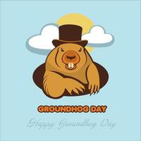 Groundhog Day. Marmot in the cylinder climbed out of the hole. Spring. Vector illustration.