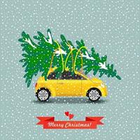 Vector illustration. The yellow car carries a Christmas tree.