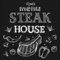 Steak house menu. Steak drawn in chalk on a black Board. Hand drawn vector illustration.