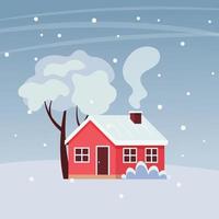Rural house on the background of a winter landscape. Vector flat illustration