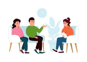 Psychotherapy session with a married couple. Mental health concept. A man and a woman talk to a psychologist about their problems. Vector flat illustration