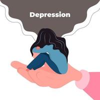 Female depression concept. A woman sits on a human palm, hugging her knees. Psychological support. Vector flat illustration