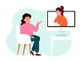 Online psychotherapy session - woman tells a psychologist on the screen about the problems. Mental health concept. Vector illustration