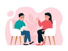 Psychotherapy session - a woman tells a psychologist about her problems. Mental health concept. Vector illustration in flat style