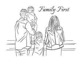 Happy Family Love Father and Mother with Children Line Art Hand Drawn Style illustration vector