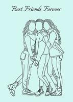 Best Friends Happy Women Girls Line Arts Style Hand Drawn Illustration Colorless