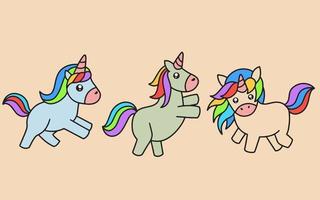 conjunto de lindo colorido unicornio caballo mágico doodle dibujos animados animal mascota personaje feliz colección ilustración vector