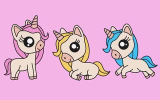 conjunto de lindo colorido unicornio caballo mágico doodle dibujos animados animal mascota personaje feliz colección ilustración vector