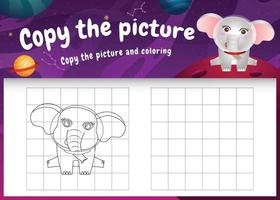 copy the picture kids game and coloring page with a cute elephant in the space galaxy vector