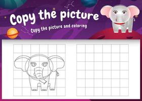 copy the picture kids game and coloring page with a cute elephant in the space galaxy vector