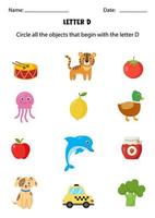 Letter recognition for kids. Circle all objects that start with D. vector