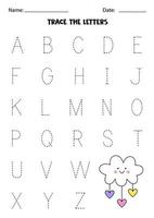 aprendizaje del alfabeto. rastreo de letras. nube de dibujos animados lindo. vector