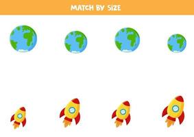 juego de correspondencias para niños en edad preescolar. coincidir con la tierra y los planetas por tamaño. vector