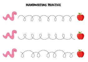 Tracing lines with cartoon worm and apple. Writing practice. vector