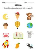 Letter recognition for kids. Circle all objects that start with M. vector