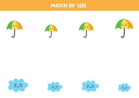 Matching game for preschool kids. Match clouds and umbrellas by size. vector