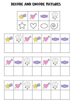 Decode and encode pictures. Write the symbols under cute elements. vector