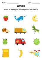 Letter recognition for kids. Circle all objects that start with N. vector