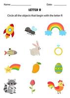 Letter recognition for kids. Circle all objects that start with R. vector