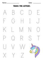 aprendizaje del alfabeto. rastreo de letras. unicornio de dibujos animados lindo. vector