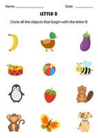 Letter recognition for kids. Circle all objects that start with B. vector