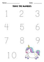 Learning numbers. Tracing numbers. Cute cartoon unicorn. vector