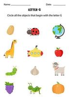 Letter recognition for kids. Circle all objects that start with G. vector