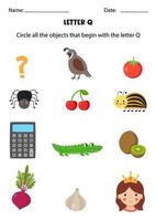 Letter recognition for kids. Circle all objects that start with Q. vector