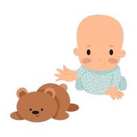 little boy in green pajamas reaches for a toy teddy bear toddler on a white background cute baby playing on the floor vector