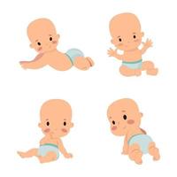 4 little boys in diapers are sitting on the floor, happy children, newborn children, newborn boy, smiling, sitting, hands up, crawling, thinking, lying on his tummy vector