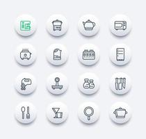 kitchen line icons set, utensils, tableware, cookware, pan, kettle, knives, cooking tools vector