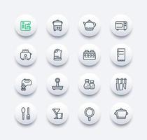 kitchen line icons set, utensils, tableware, cookware, pan, kettle, knives, cooking tools vector