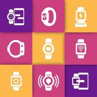 smart watch icons set, smartwatch settings, charge, fitness tracker, data synchronization, devices, wearable electronics, charging station vector