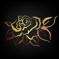 Golden rose flower with leaf over black background ,Brush stroke painting design