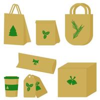 conjunto de envases para comida o compras en estilo ecológico para navidad, papel marrón o cartón en el diseño de paquetes, bolsas, etiquetas, cajas y un vaso de bebida, siluetas verdes de símbolos navideños vector