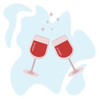 Two glasses of wine, a red drink in glasses on legs, a festive toast or a date, containers with a drink on the background of an abstract light blue spot vector