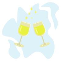 Two glasses of wine, a yellow drink in glasses on legs, a festive toast or a date, containers with a drink on the background of an abstract light blue spot vector