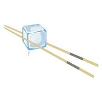 Ice cube is held with chopsticks, frozen water, an example of a product for ASMR vector