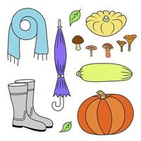 Warm clothes and harvest. Illustration for printing, backgrounds, wallpapers, covers, packaging, greeting cards, posters, stickers, textile and seasonal design. Isolated on white background. vector