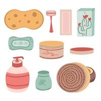 Bath Accessories set. Washcloth, soap, wax strips, razor, body brush. Illustration for backgrounds, covers, packaging, greeting cards, posters, stickers, textile. Isolated on white background. vector