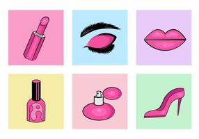 Conjunto de iconos de maquillaje glamoroso. Ilustración de ojos, labios, lápiz labial, perfumes, zapatos, esmalte de uñas. vector